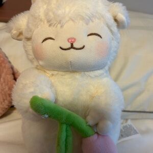 Adorable Cream Plush Lamb Holding Tulip